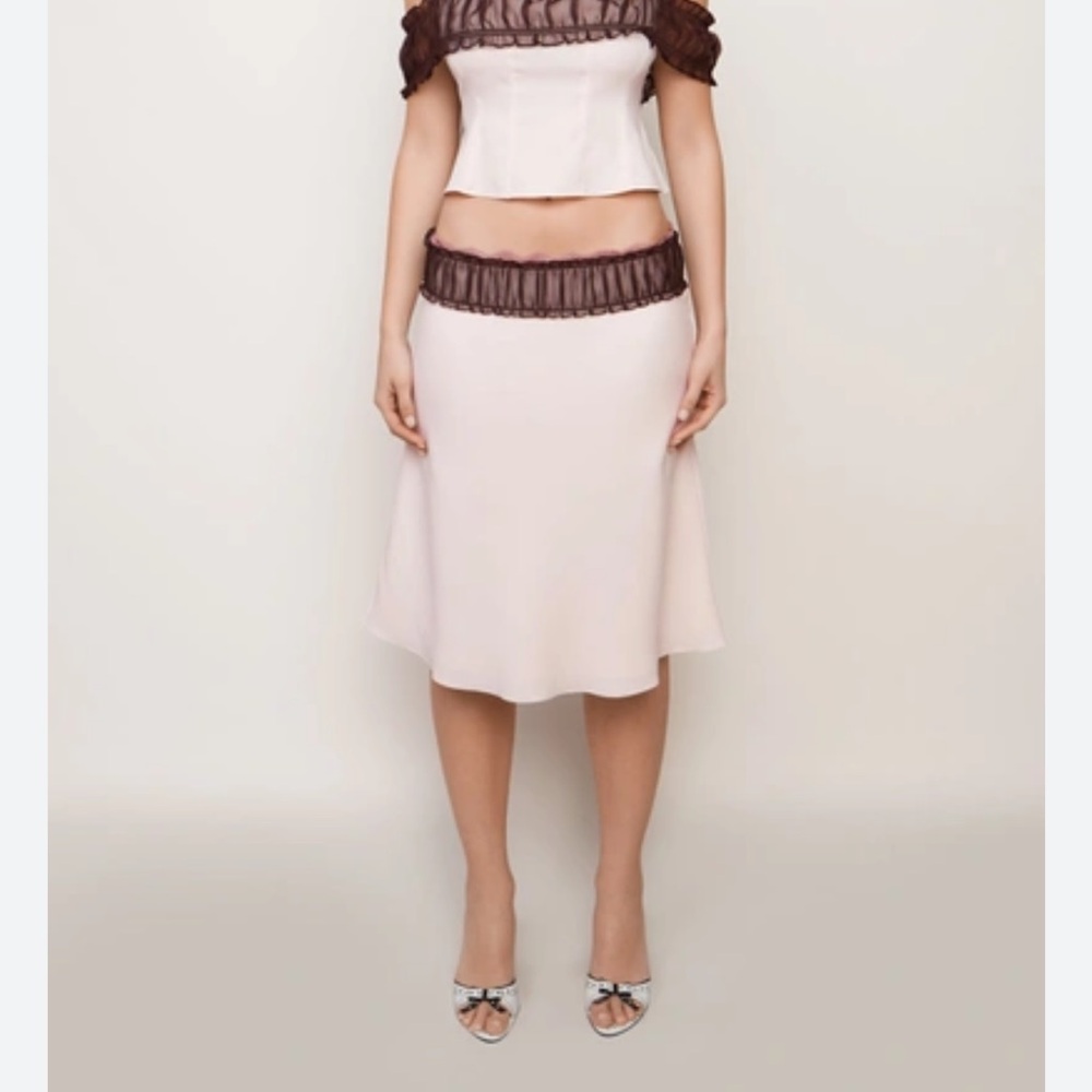 Guizio Ruched Chiffon Lace Midi Skirt In Ballet Slipper Pink
